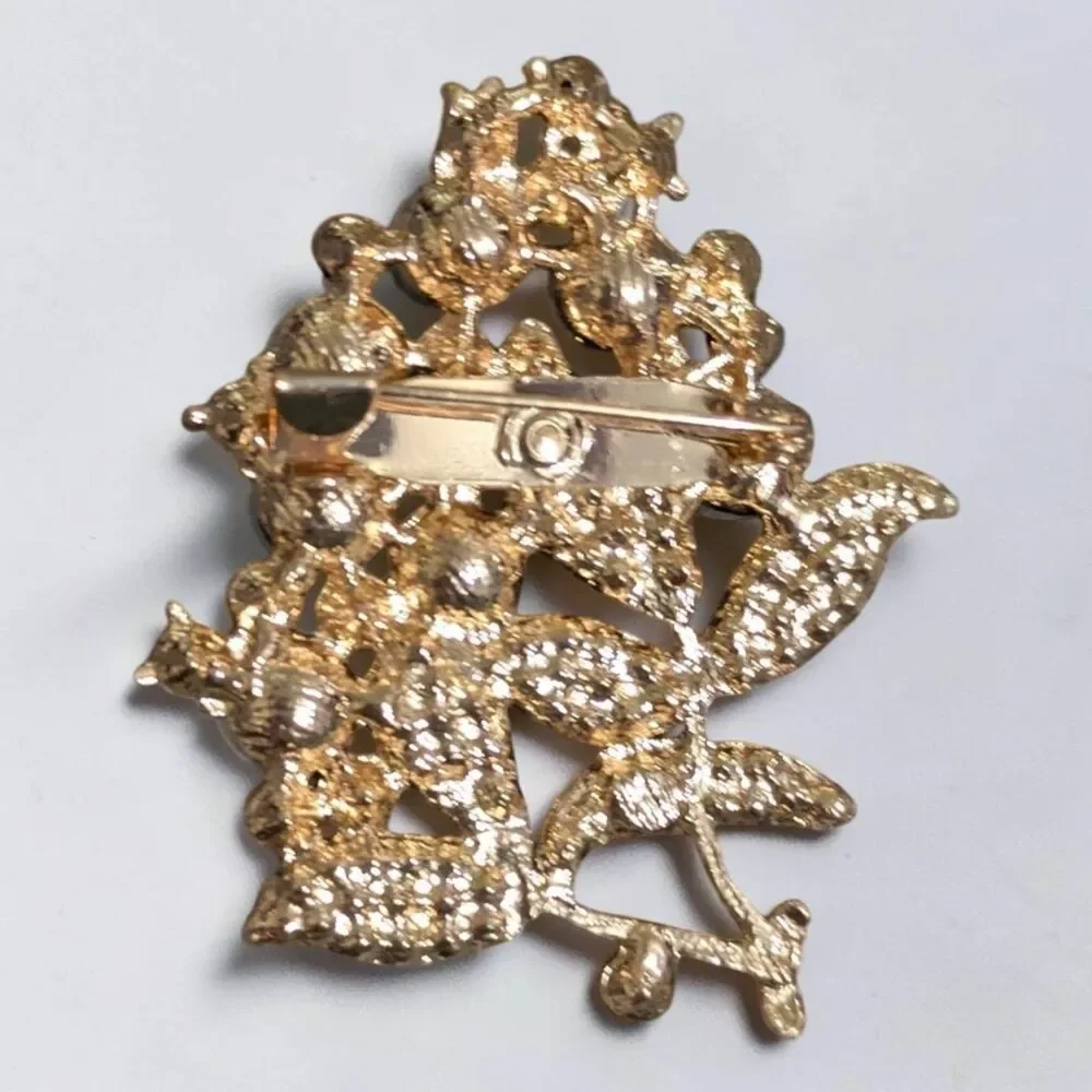Pearl Rhinestone Floral Brooch, Gold Tone Flower Bouquet Pin, Cottagecore Brooch
